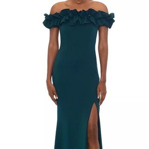 Aqua Off The Shoulder Ruffled Gown in Navy